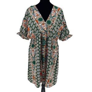 Shein Womens Surplice Front Boho Dress V Neck Batwing‎ Sleeve Green Orange Large